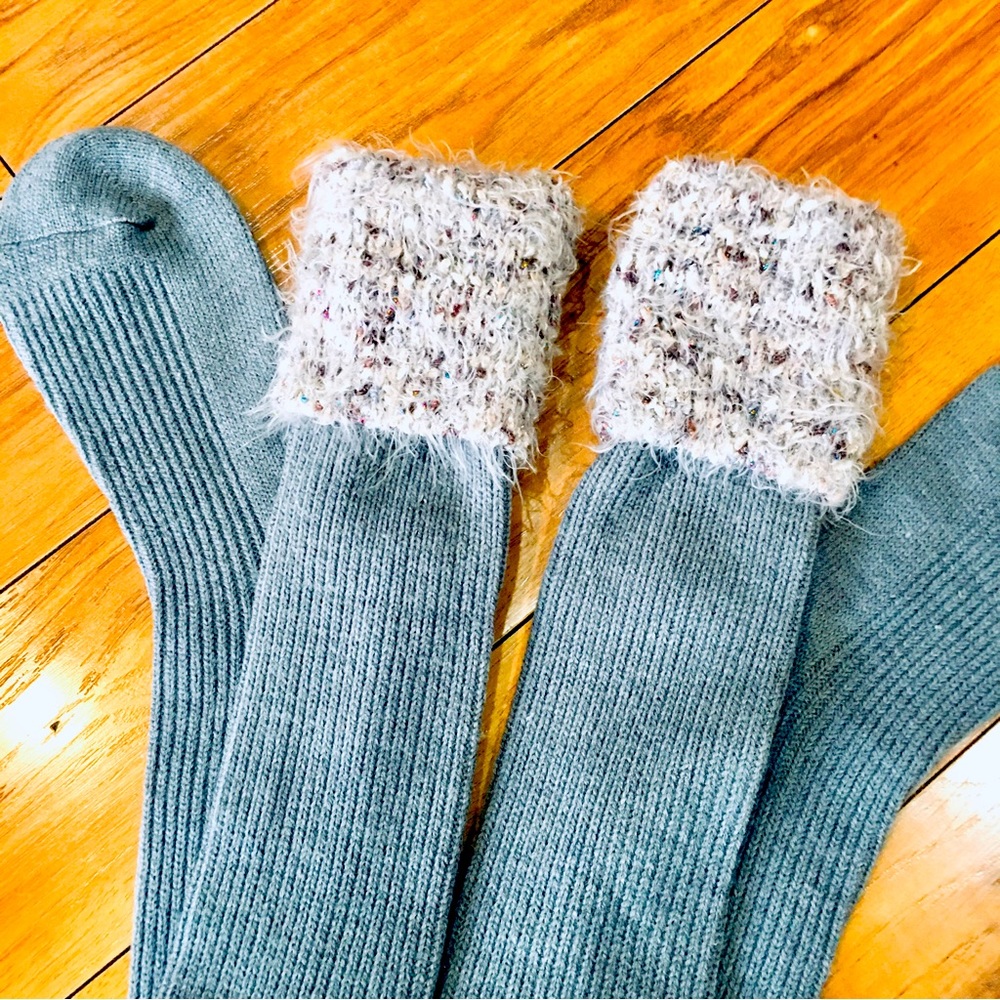 Knee high sock style cling ribbed knit cotton faux fur Sherpa style grey…
